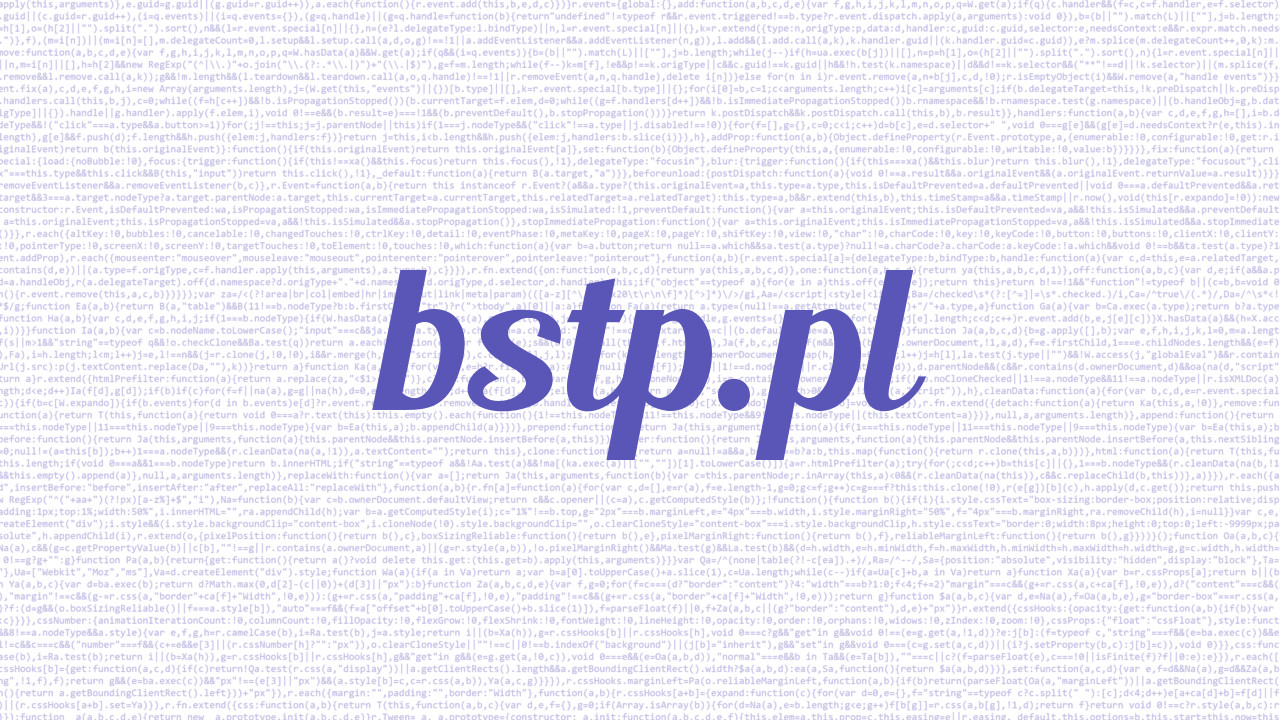 Logo von bstp.pl mit lila Pseudeo-Code im Hintergrund