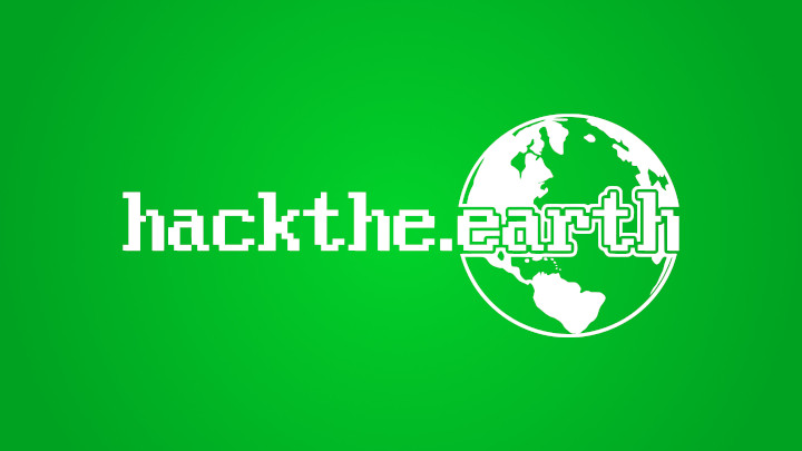 Logo von hackthe.earth vor einem grünen Hintergrund