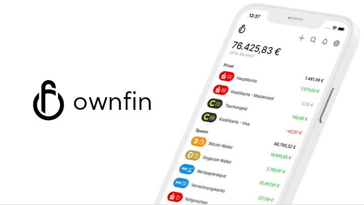 Logo von ownfin mit einem Mockup von der Hauptansicht der App