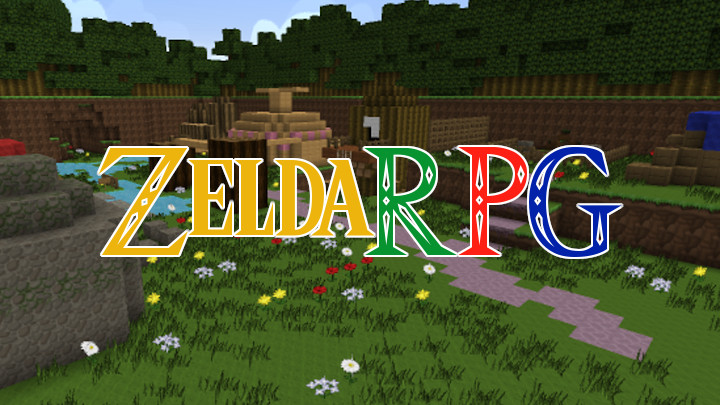 Logo von ZeldaRPG mit der Minecraft-Spielwelt im Hintergrund